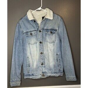 Track 23 Men's Size Small Fleece Lined Sherpa Distressed Denim Blue Jean Coat